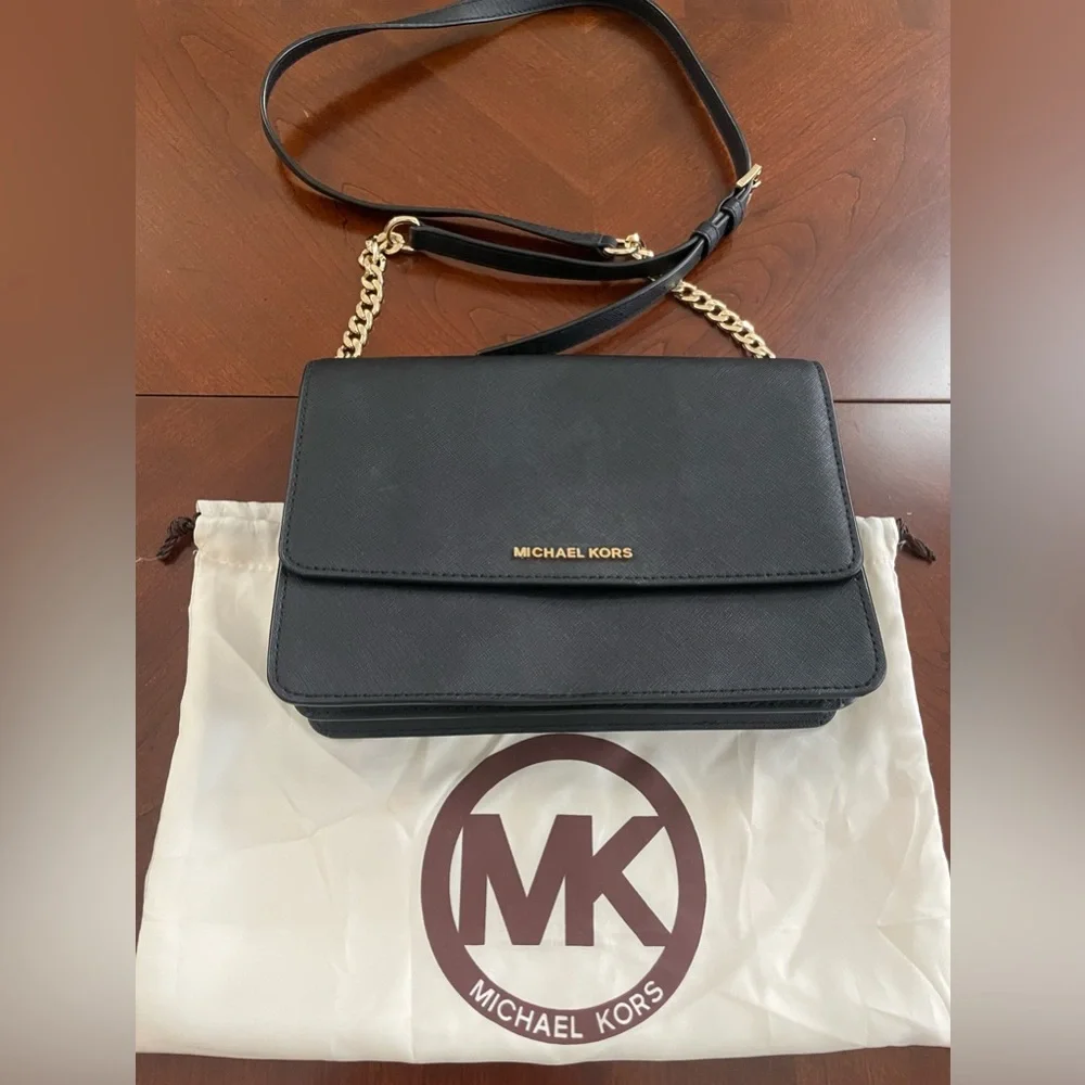 Michael Kors Black Saffiano Leather Crossbody Shoulder Bag Gold Chain